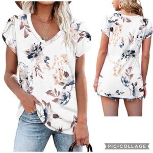 NEW! White Fall Floral Print Petal Sleeve V-Neck Relaxed Fit Knit T-Shirt